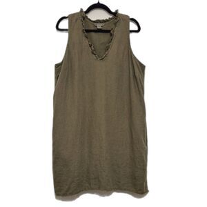 Tommy Bahama Linen Shift Dress XL Olive Green Sleeveless Ruffle Neck Pockets